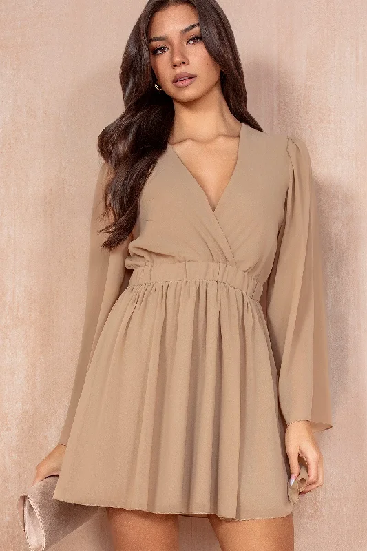 Mini dresses with tassel accents for a fun touch Fia Camel Chiffon Wrap Dress