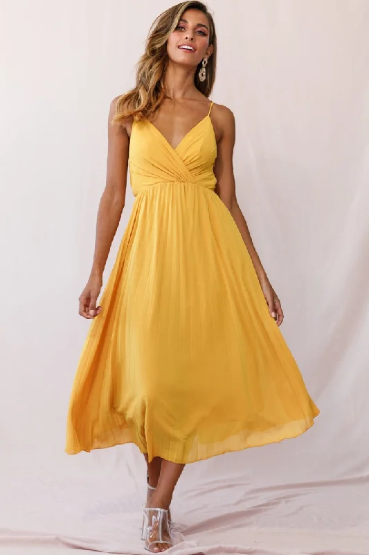 Midi dresses with denim fabric for a casual yet stylish day out Artemis Accordion Pleat Strappy Back Midi Dress Mustard Midi dresses with denim fabric for a casual yet stylish day out Artemis Accordion Pleat Strappy Back Midi Dress Mustard