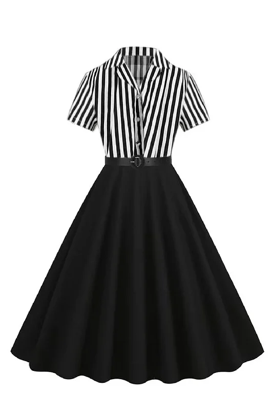 Midi dresses with polka dot prints for a playful summer outfit A Line Black Stripe 1950s Dress with Short Sleeves Midi dresses with polka dot prints for a playful summer outfit A Line Black Stripe 1950s Dress with Short Sleeves