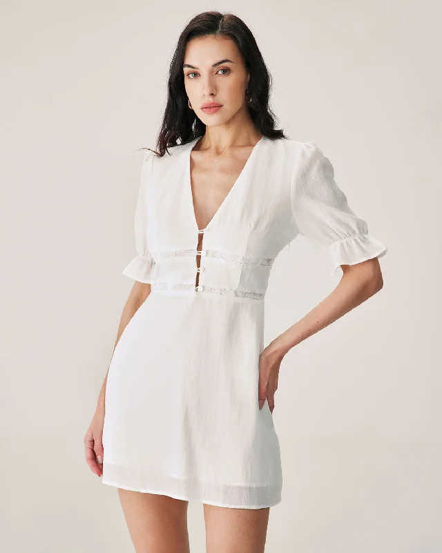 Sheer mini dresses with lace inserts White Lace Splicing Mini Dress