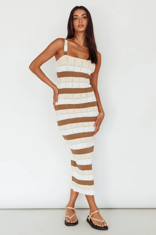 Midi dresses with off - the - shoulder necklines for a flirty look Chase The Sunrise Knit Midi Dress Striped Chocolate/White Midi dresses with off - the - shoulder necklines for a flirty look Chase The Sunrise Knit Midi Dress Striped Chocolate/White