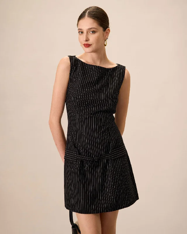 Mini dresses with side slits for a sexy appeal Women's Black Boat Neck Striped Mini Dress