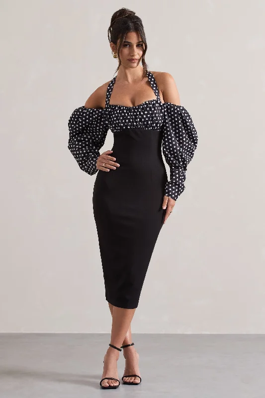 Midi dresses with pleated skirts for a timeless and elegant appeal Couture Client | Black & White Polka Dot Halter-Neck Puff Sleeve Midi Dress Midi dresses with pleated skirts for a timeless and elegant appeal Couture Client | Black & White Polka Dot Halter-Neck Puff Sleeve Midi Dress