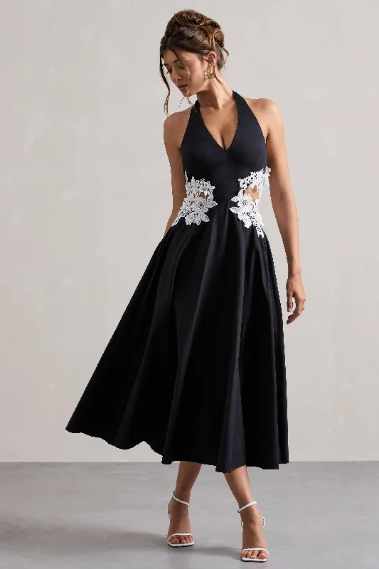 Midi dresses with V - necklines for a flattering and elongating effect Windermere | Black Plunge Midi Dress With Floral Cut-Out Midi dresses with V - necklines for a flattering and elongating effect Windermere | Black Plunge Midi Dress With Floral Cut-Out
