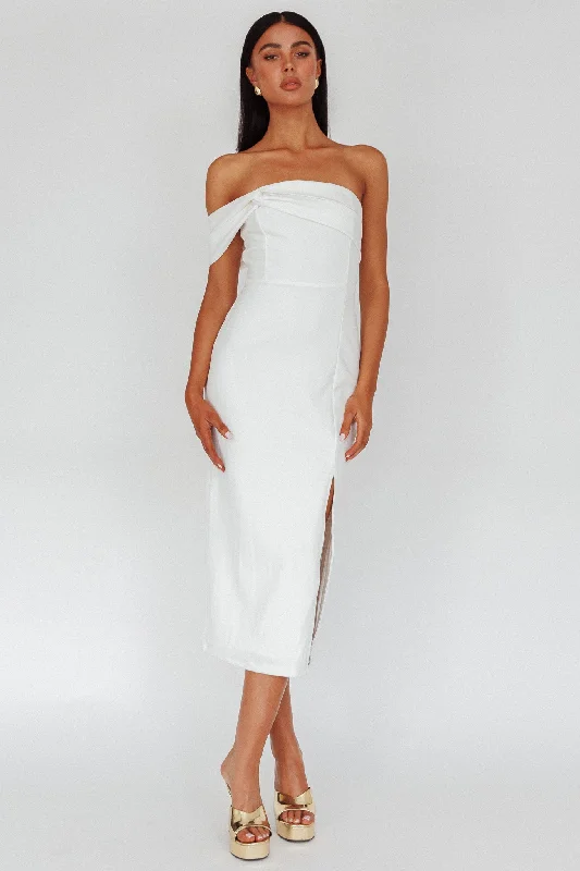 Midi dresses with puff sleeves for a vintage - inspired look First Impressions One Shoulder Midi Dress White Midi dresses with puff sleeves for a vintage - inspired look First Impressions One Shoulder Midi Dress White