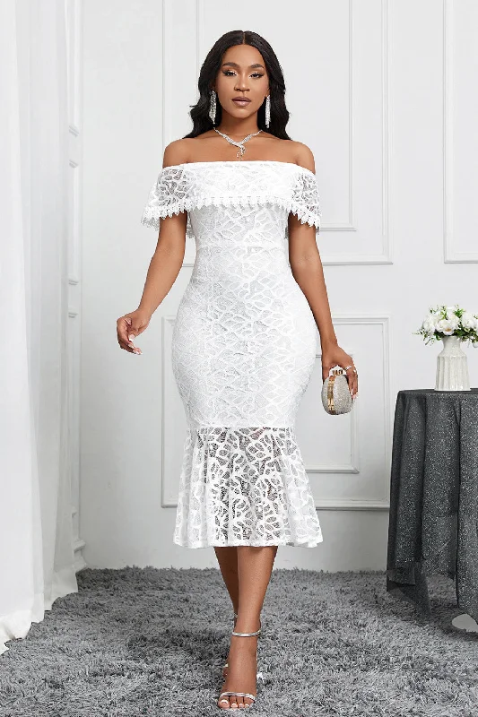 Sleeveless midi dresses with lace details for summer weddings White Off the Shoulder Mermaid Ruffle Tea Length Party Dress Sleeveless midi dresses with lace details for summer weddings White Off the Shoulder Mermaid Ruffle Tea Length Party Dress