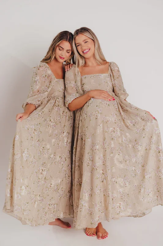 Midi dresses with patchwork patterns for a one - of - a - kind style Mona Maxi Dress in Beige/Brown Floral - Bump Friendly - Inclusive Sizing (S-3X) Midi dresses with patchwork patterns for a one - of - a - kind style Mona Maxi Dress in Beige/Brown Floral - Bump Friendly - Inclusive Sizing (S-3X)