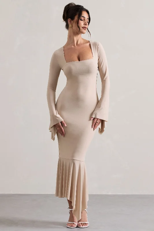 Midi dresses with belted waists to accentuate the figure Meliora | Champagne Square-Neck Flute-Sleeve Asymmetric Midi Dress Midi dresses with belted waists to accentuate the figure Meliora | Champagne Square-Neck Flute-Sleeve Asymmetric Midi Dress