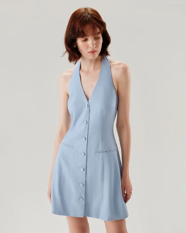 Mini dresses with pom - pom trims for a playful feel Blue Button Pocket Halter Mini Dress Mini dresses with pom - pom trims for a playful feel Blue Button Pocket Halter Mini Dress