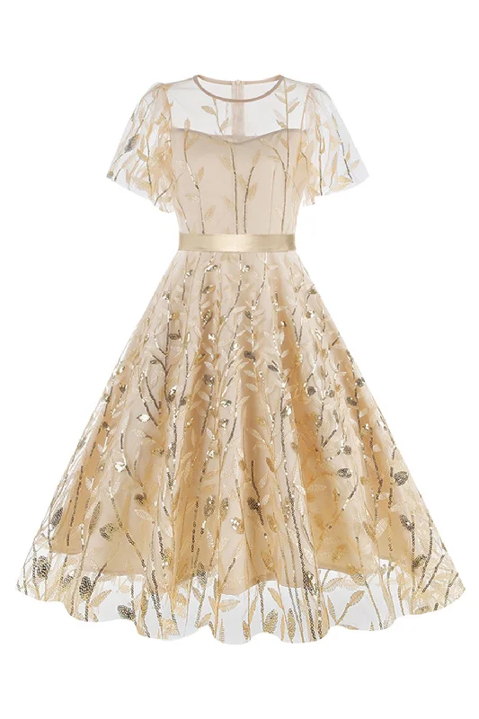 Plaid midi dresses for a fall - themed family gathering Apricot Sequined Leaf Embroidered Mesh Overlay Elegant Vintage Dress Plaid midi dresses for a fall - themed family gathering Apricot Sequined Leaf Embroidered Mesh Overlay Elegant Vintage Dress