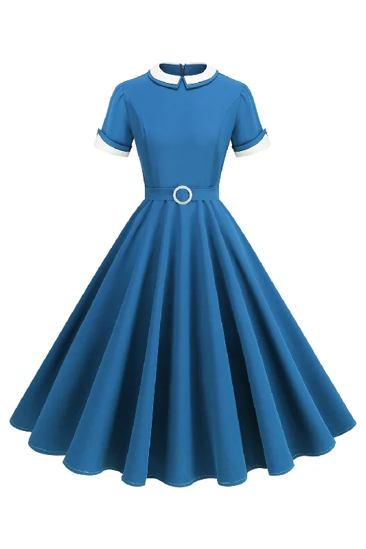 Midi dresses with V - necklines for a flattering and elongating effect Blue Round Neck A-Line Midi 1950s Dress Midi dresses with V - necklines for a flattering and elongating effect Blue Round Neck A-Line Midi 1950s Dress