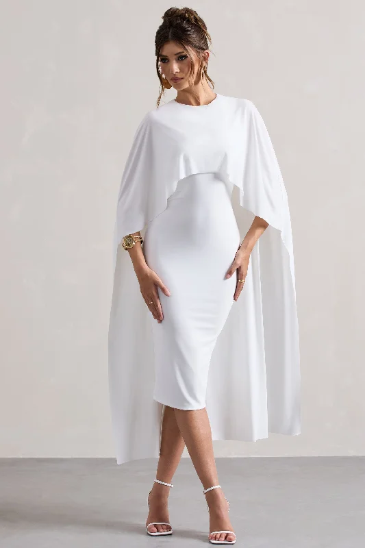 Midi dresses with metallic threads for a glamorous evening event Vana | White Draped Midi Dress With Cape Sleeves Midi dresses with metallic threads for a glamorous evening event Vana | White Draped Midi Dress With Cape Sleeves