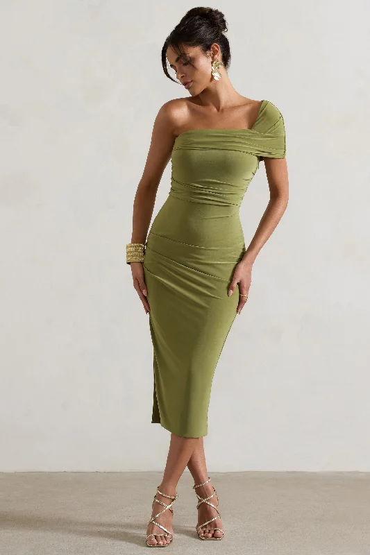 Midi dresses with tassel accents for a bohemian and free - spirited style Hawaii | Olive Asymmetric One-Shoulder Split Midi Dress Midi dresses with tassel accents for a bohemian and free - spirited style Hawaii | Olive Asymmetric One-Shoulder Split Midi Dress