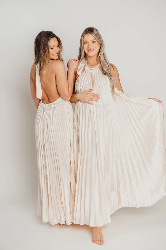 Sheath midi dresses with beaded embellishments for a formal occasion Maren Pleated Halter Maxi Dress in Cream - Bump Friendly Sheath midi dresses with beaded embellishments for a formal occasion Maren Pleated Halter Maxi Dress in Cream - Bump Friendly