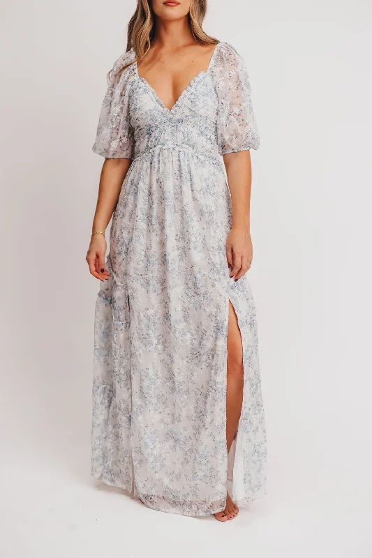 Plaid midi dresses for a fall - themed family gathering Daphne High Slit Eyelet Detail Maxi Dress in Blue and White Floral - Inclusive Sizing