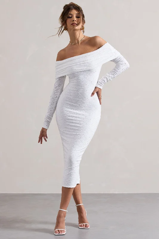 Midi dresses with tiered skirts for a bohemian festival look Emmeline | White Jacquard Bardot Midi Dress Midi dresses with tiered skirts for a bohemian festival look Emmeline | White Jacquard Bardot Midi Dress