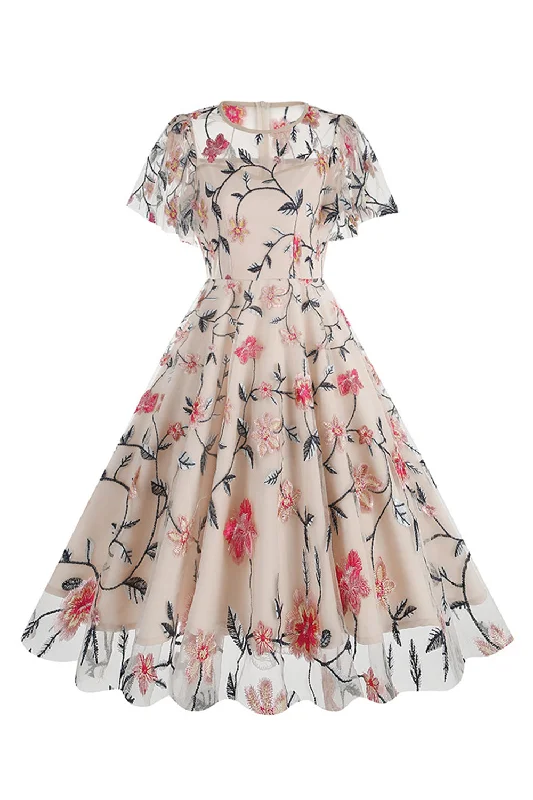 Midi dresses with fringe details for a fun and energetic style Apricot A Line Flower Short Sleeves 1950s VintageDress Midi dresses with fringe details for a fun and energetic style Apricot A Line Flower Short Sleeves 1950s VintageDress