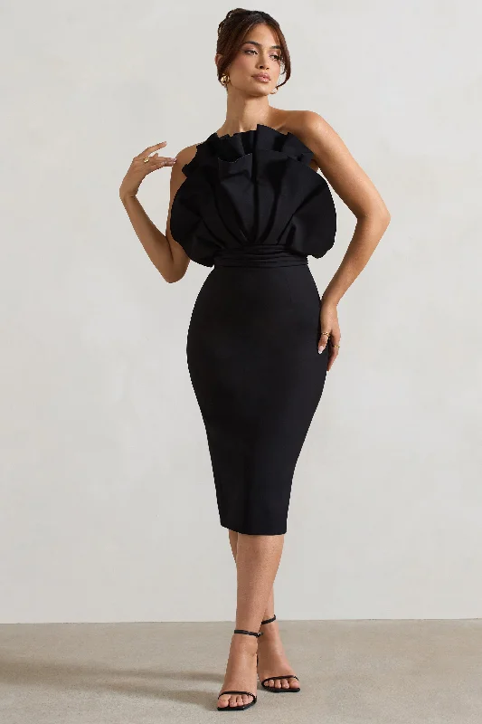 Midi dresses with tassel accents for a bohemian and free - spirited style Oria | Black Ruffled Strapless Midi Dress Midi dresses with tassel accents for a bohemian and free - spirited style Oria | Black Ruffled Strapless Midi Dress