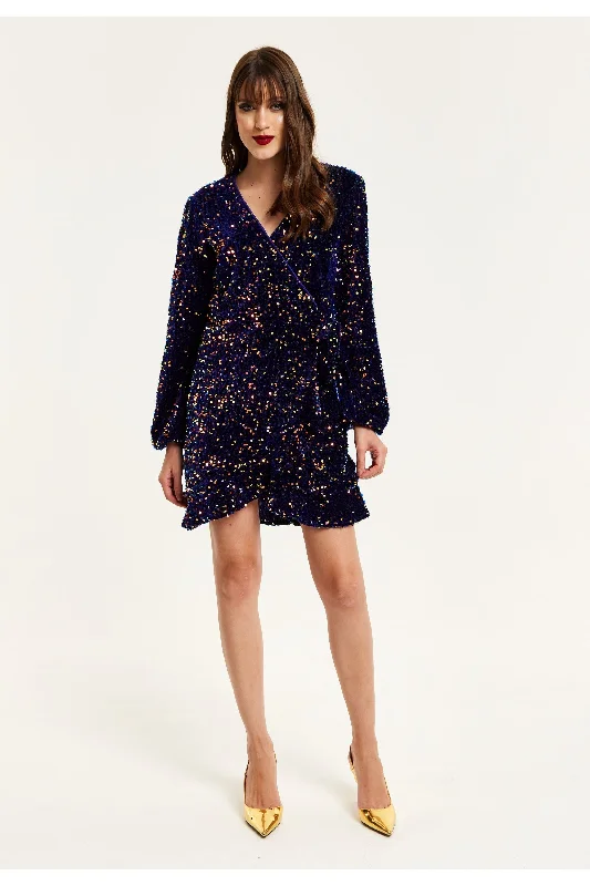 Mini dresses with bow accents for a sweet look Royal Blue Velvet Based Multicolour Sequin Mini Wrap Dress by Liquorish Mini dresses with bow accents for a sweet look Royal Blue Velvet Based Multicolour Sequin Mini Wrap Dress by Liquorish