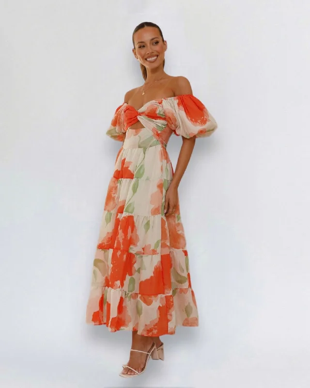 Midi dresses with tiered skirts for a bohemian festival look LOPASI MIDI DRESS -ORANGE FLORAL Midi dresses with tiered skirts for a bohemian festival look LOPASI MIDI DRESS -ORANGE FLORAL