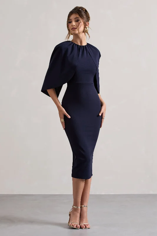 Midi dresses with wrap - around skirts for a customizable fit Sweeney | Navy Draped Short-Sleeve Midi Dress Midi dresses with wrap - around skirts for a customizable fit Sweeney | Navy Draped Short-Sleeve Midi Dress