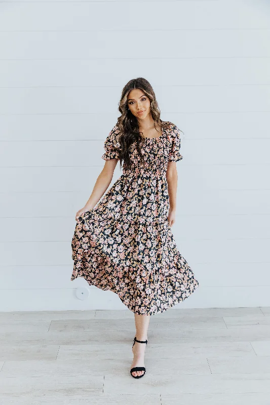 Midi dresses with cold - shoulder cutouts for a trendy style The Maxine Midi Dress in Persimmon (FINAL SALE)