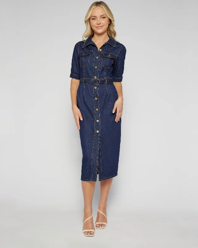 Velvet midi dresses in jewel tones for a glamorous winter event ELODIE MIDI DRESS -DENIM Velvet midi dresses in jewel tones for a glamorous winter event ELODIE MIDI DRESS -DENIM