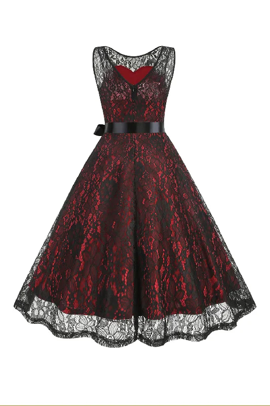 Midi dresses with off - the - shoulder necklines for a flirty look Burgundy A Line Lace Sleeveless 1950s Vintage Dress Midi dresses with off - the - shoulder necklines for a flirty look Burgundy A Line Lace Sleeveless 1950s Vintage Dress