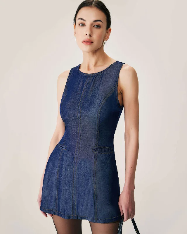 Satin mini dresses for a luxurious feel Blue Sleeveless Pocket Mini Dress
