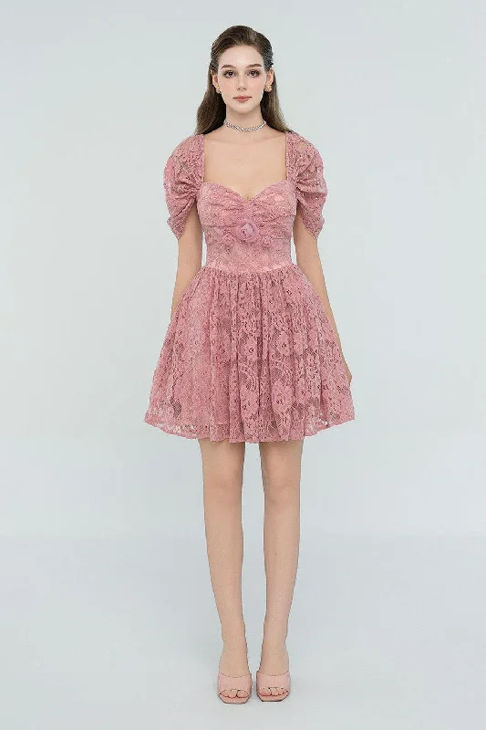 Mini dresses with asymmetric hems for a fashion - forward look Lillie A-line Gathered Lace Mini Dress Mini dresses with asymmetric hems for a fashion - forward look Lillie A-line Gathered Lace Mini Dress