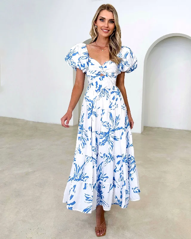 Midi dresses with abstract art prints for an artistic statement TEISA MAXI DRESS -BLUE/WHITE Midi dresses with abstract art prints for an artistic statement TEISA MAXI DRESS -BLUE/WHITE