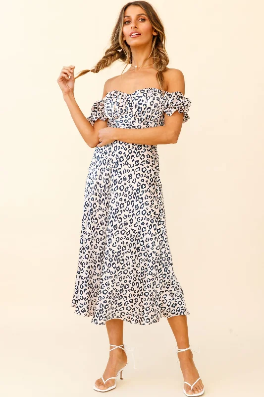 Midi dresses with belted waists to accentuate the figure Linka Off-Shoulder Tie Back Midi Dress Leopard Print Pink Midi dresses with belted waists to accentuate the figure Linka Off-Shoulder Tie Back Midi Dress Leopard Print Pink