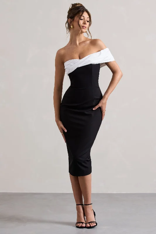 Midi dresses with sheer panels for a touch of allure Pearl | Black Twisted Bardot Tailored Midi Dress Midi dresses with sheer panels for a touch of allure Pearl | Black Twisted Bardot Tailored Midi Dress