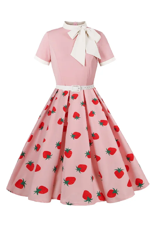 Midi dresses with pom - pom trims for a playful and festive look A Line Blush Strawberry Printed 1950s Dress with Short Sleeves Midi dresses with pom - pom trims for a playful and festive look A Line Blush Strawberry Printed 1950s Dress with Short Sleeves