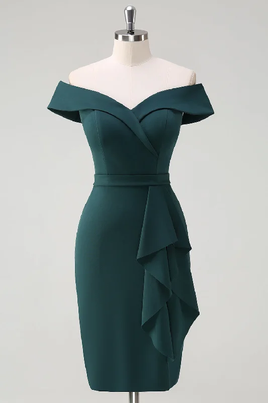 Midi dresses with side slits for a sexy and elegant appearance Dark Green Off the Shoulder Ruffled Bodycon Cocktail Party Dress Midi dresses with side slits for a sexy and elegant appearance Dark Green Off the Shoulder Ruffled Bodycon Cocktail Party Dress