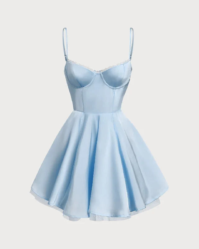 Mini dresses with gathered skirts for a voluminous effect Blue Sweetheart Neck Slip Pleated Mini Dresses