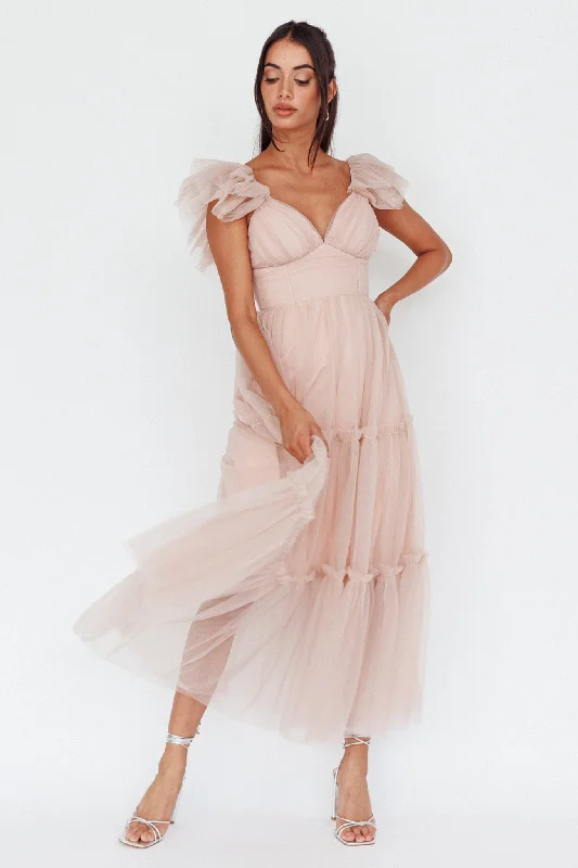 Sheath Women Dress with a Tailored Fit for a Professional LookAmal Ruffle Shoulder Tulle Midi Dress Nude