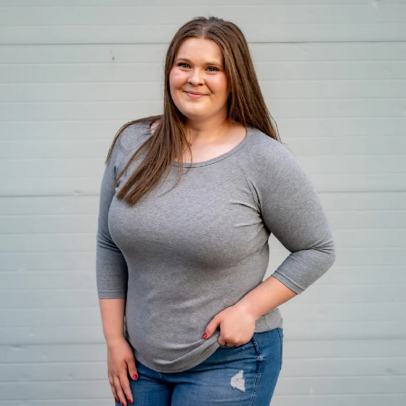 Women's cropped sweatshirt with a slogan graphic for a fun and expressive lookAsh Grey 3/4 Sleeve Ribbed Relaxed fit