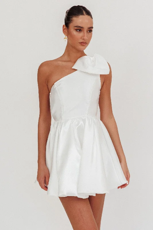 Pleated Women Dress with a Timeless and Elegant TextureAthens Shoulder Bow Bubble Hem Mini Dress Off White Pleated Women Dress with a Timeless and Elegant TextureAthens Shoulder Bow Bubble Hem Mini Dress Off White