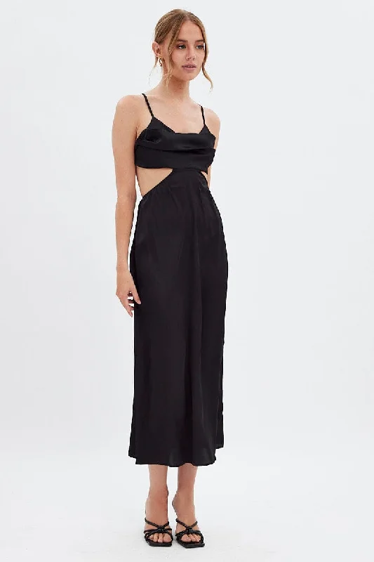 Empire Waist Women Dress to Accentuate the Bust and Conceal the WaistBlack Cowl Neck Cutout Midi Dress Empire Waist Women Dress to Accentuate the Bust and Conceal the WaistBlack Cowl Neck Cutout Midi Dress