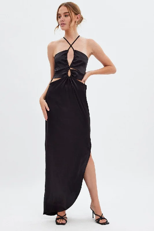 Ruffled Women Dress with Multiple Layers for a Playful and Girly StyleBlack Maxi Dress Side Slip Ruffled Women Dress with Multiple Layers for a Playful and Girly StyleBlack Maxi Dress Side Slip