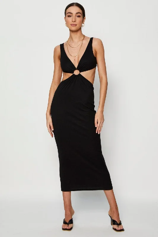 Pleated Women Dress with a Timeless and Elegant TextureBlack Midi Dress Ribbed Cut Out Pleated Women Dress with a Timeless and Elegant TextureBlack Midi Dress Ribbed Cut Out