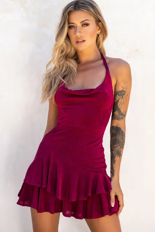 Plus Size Women Dress with a Flattering A - Line Cut for Comfort and StyleBring On The Night Cowl Halterneck Dress Plum Plus Size Women Dress with a Flattering A - Line Cut for Comfort and StyleBring On The Night Cowl Halterneck Dress Plum