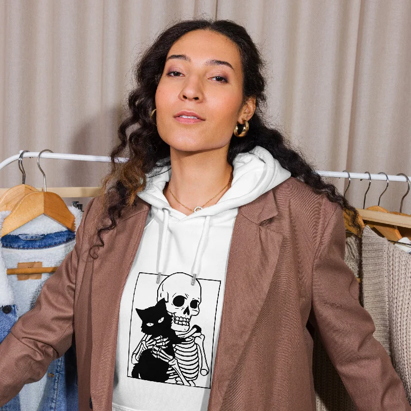 Women's hoodie with a kangaroo pocket and a pom - pom drawstring for added charmCat and Skeleton Halloween Graphic Women Eco Raglan Hoodie Women's hoodie with a kangaroo pocket and a pom - pom drawstring for added charmCat and Skeleton Halloween Graphic Women Eco Raglan Hoodie