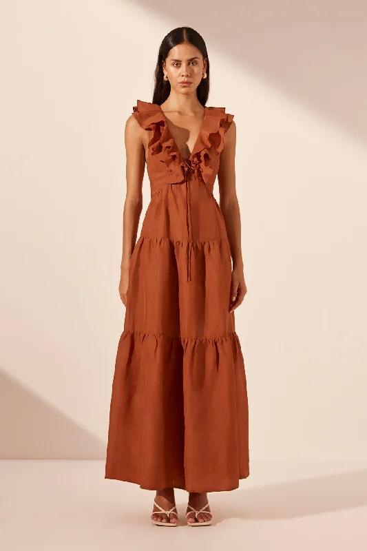 Backless Women Dress for a Sexy and Alluring Look at Evening EventsCELESTE LAYERED MAXI DRESS - RUST Backless Women Dress for a Sexy and Alluring Look at Evening EventsCELESTE LAYERED MAXI DRESS - RUST
