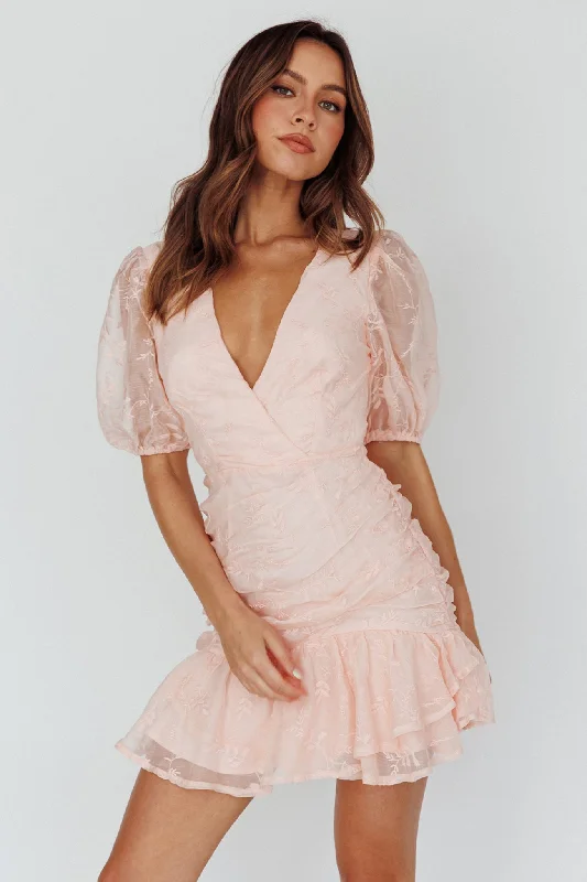 Lace - Embellished Women Dress for an Elegant and Sophisticated AppearanceCherry Blossom Puff Sleeve Wide Ruffle Hem Dress Pink Lace - Embellished Women Dress for an Elegant and Sophisticated AppearanceCherry Blossom Puff Sleeve Wide Ruffle Hem Dress Pink