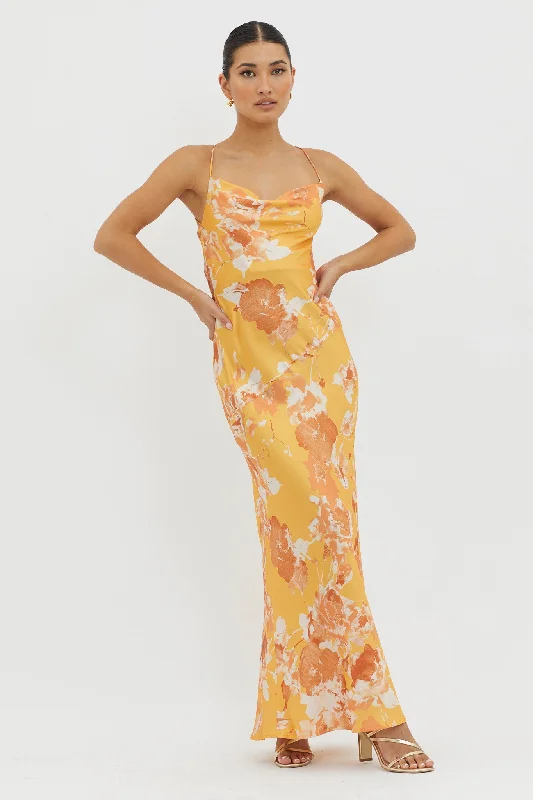 Maxi Women Dress with Floral Print for a Bohemian VibeDream Walk Cowl Back Tied Dress Print Orange Maxi Women Dress with Floral Print for a Bohemian VibeDream Walk Cowl Back Tied Dress Print Orange