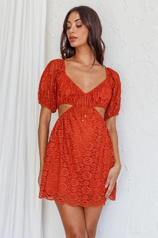 Lace - Embellished Women Dress for an Elegant and Sophisticated AppearanceFeelin' Good Cut-Out Waist Lace Dress Rust Lace - Embellished Women Dress for an Elegant and Sophisticated AppearanceFeelin' Good Cut-Out Waist Lace Dress Rust