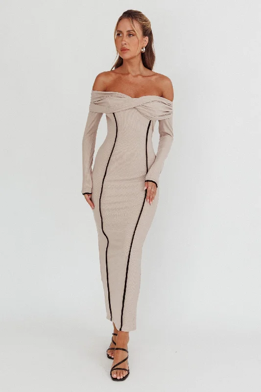 Empire Waist Women Dress to Accentuate the Bust and Conceal the WaistGenesis Off-Shoulder Long Sleeve Maxi Dress Pebble Empire Waist Women Dress to Accentuate the Bust and Conceal the WaistGenesis Off-Shoulder Long Sleeve Maxi Dress Pebble