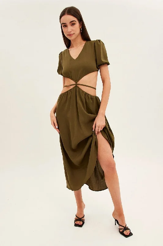 Lace - Embellished Women Dress for an Elegant and Sophisticated AppearanceGreen Cutout Midi Dress Lace - Embellished Women Dress for an Elegant and Sophisticated AppearanceGreen Cutout Midi Dress